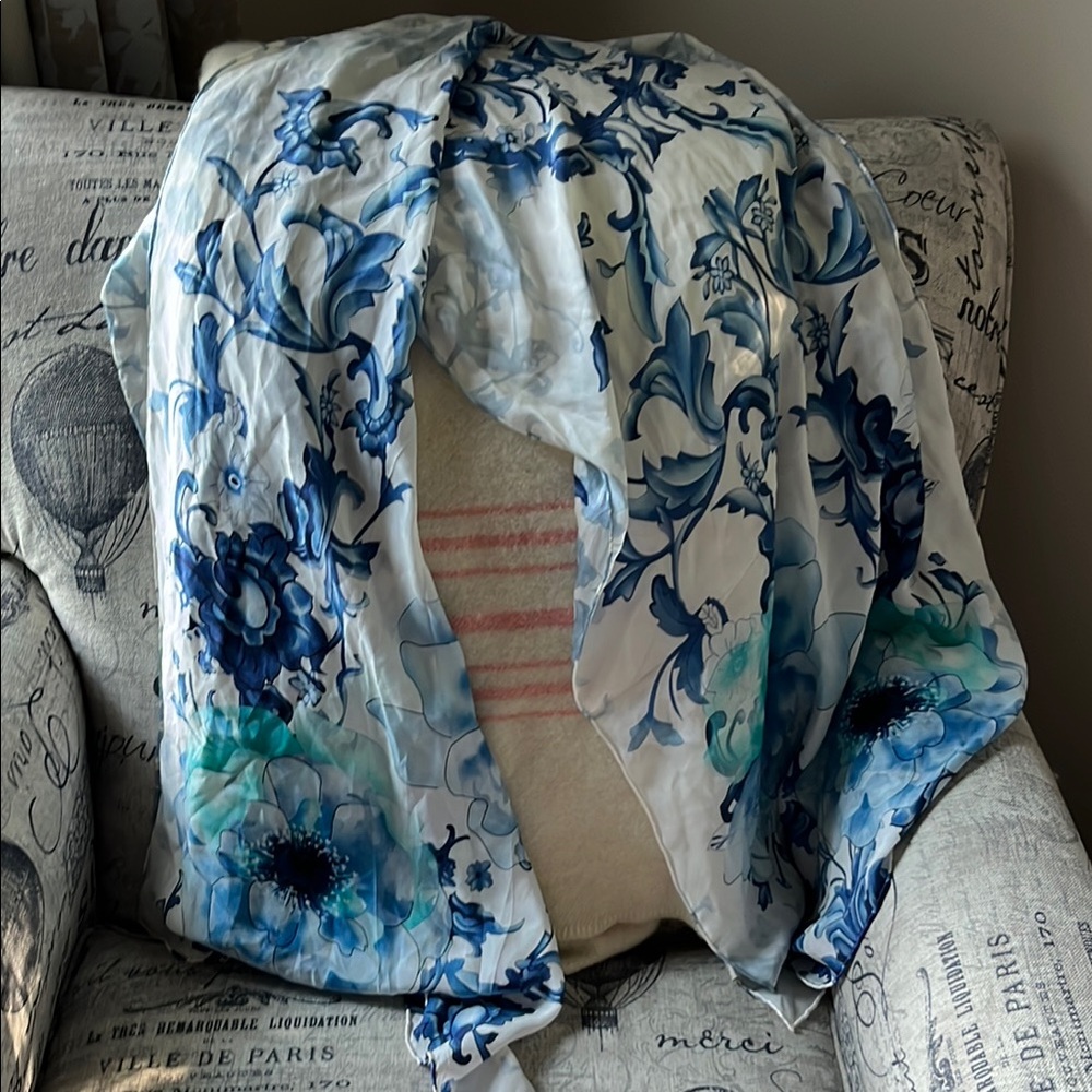 Blue Floral silk hand rolled beautiful  - White & Blue scarf